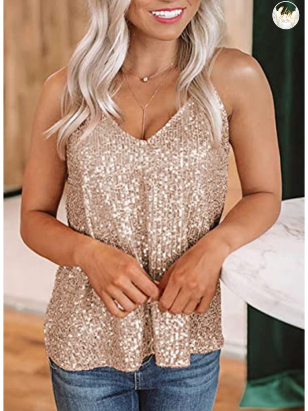 Sequined V-Neck Tank Top Sleeveless Racerback Cami Blouse Sparkle Party - Picture 3 of 6
